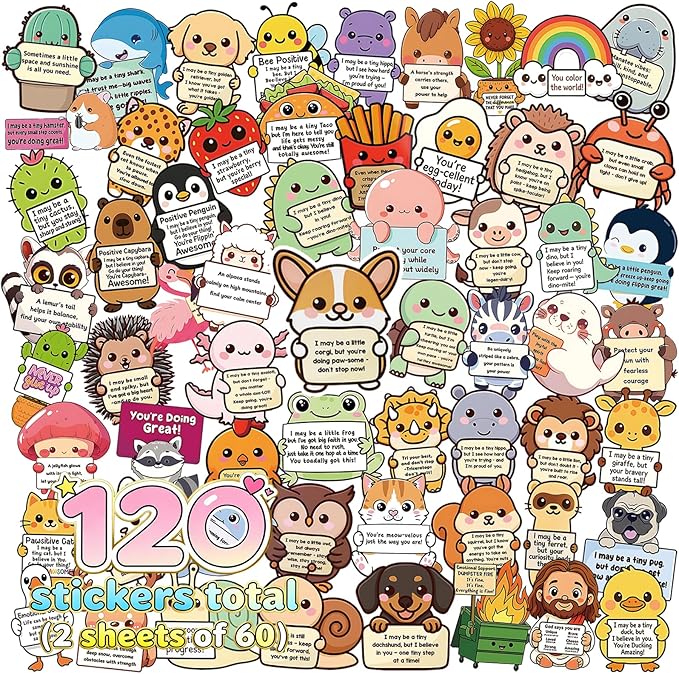 120pcs Emotional Support Animal Stickers, Cute Affirmation Sticker Pack for Adults, Kids & Teens, Waterproof Vinyl Inspirational Decals for Water Bottles, Laptops, Journals, Phones