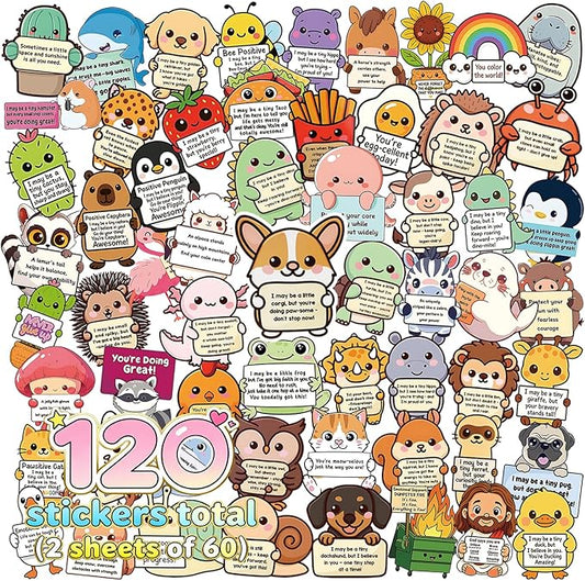 120pcs Emotional Support Animal Stickers, Cute Affirmation Sticker Pack for Adults, Kids & Teens, Waterproof Vinyl Inspirational Decals for Water Bottles, Laptops, Journals, Phones