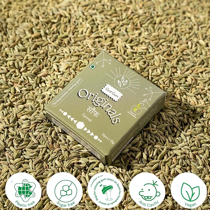 Gud Gum- Natural, Plastic Free Chewing Gum- Clove, Cardamom, Fennel, Cinnamon- 21g x 4 - Mini Pack of 4- No added artificial colours, flavours & sweeteners (Pack of 4, Fennel)