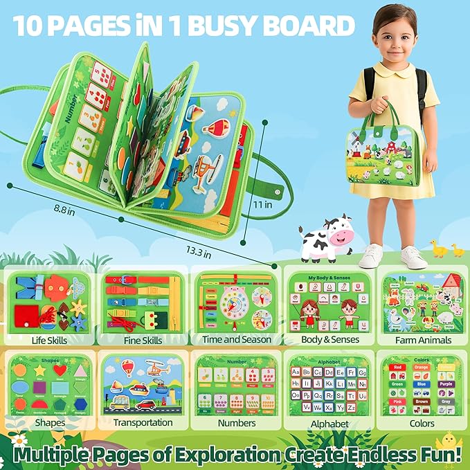 Toddler Busy Board Montessori Toys for 3 Year Old Birthday Gifts for Kids 10 Pages in 1 Soft Felt Activity Book Develop Fine Skills Educational Learning Sensory Travel Toys for Airplane Car