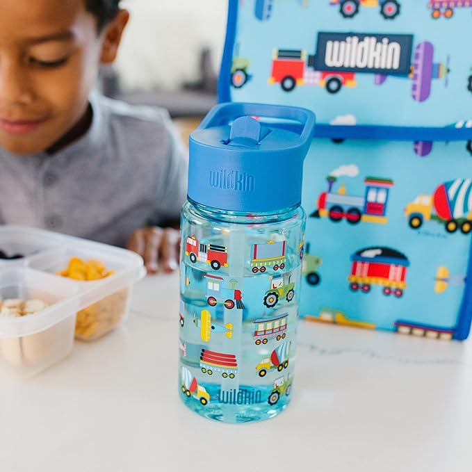 Wildkin Kids 16 Oz Water Bottle – BPA-Free Tritan, Leak-Proof Lid, Durable & Easy to Clean - Trains, Planes & Trucks