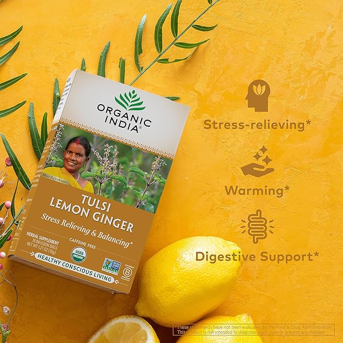 Organic India Tulsi Lemon Ginger Tea Bags - Herbal Tea, Stress Relieving & Reviving, Immune Support, Aids Digestion, Vegan, USDA Certified Organic, Non-GMO, Caffeine-Free - 18 Infusion Bags, 6 Pack