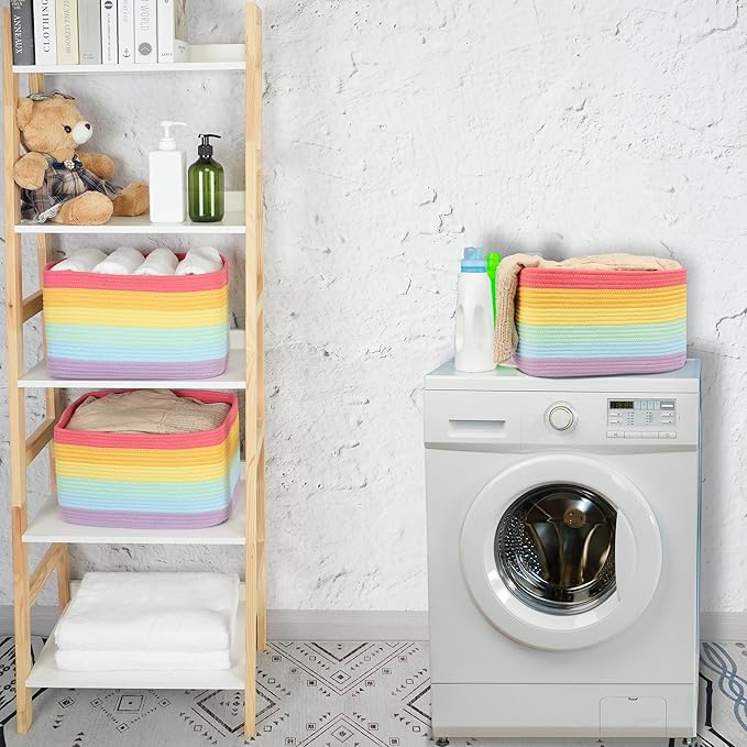 3-Pack Rainbow Storage Baskets 14.5X9.5X9.3“ – Woven Toy Organizer Bins for Kids, Baby Room, Nursery, and Classroom – Cute Square Rope Baskets for Shelves and Organization Rainbow