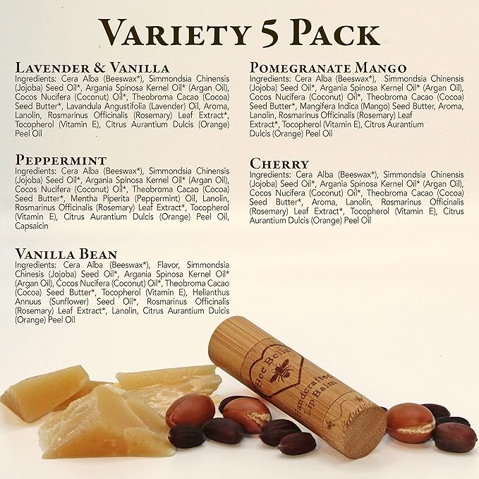 Bee Bella Lip Balm Variety 5 Pack Gift Set, Cherry, Pomegranate Mango, Vanilla Bean, Peppermint, & Lavender Vanilla, Gift, Organic Beeswax with Vitamin E, Handmade in USA