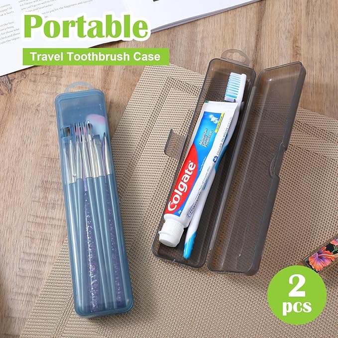 2 Pack Toothbrush Holder Travel Case,Tooth Brush Case Travel 7.9 x 1.8 x 1.1 in,Portable Plastic Toothbrushes Travels Holder with Secure Seal, Gray & Blue