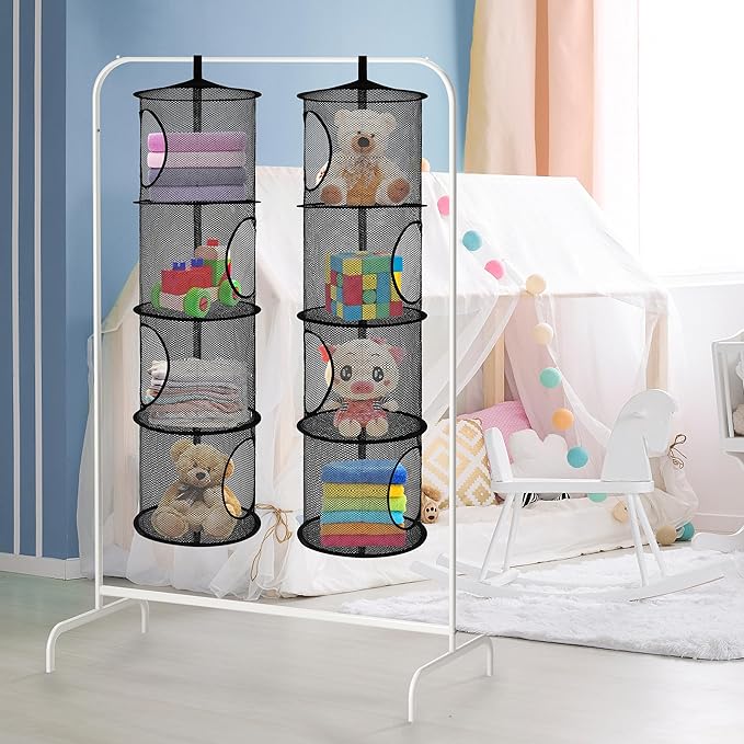 Libeder Mesh Hanging Storage Space Saver Bags Organizer,Foldable Storage Organizer 4 Compartments Toy Storage Basket for Kids Room Bathroom 2 Sets, Black