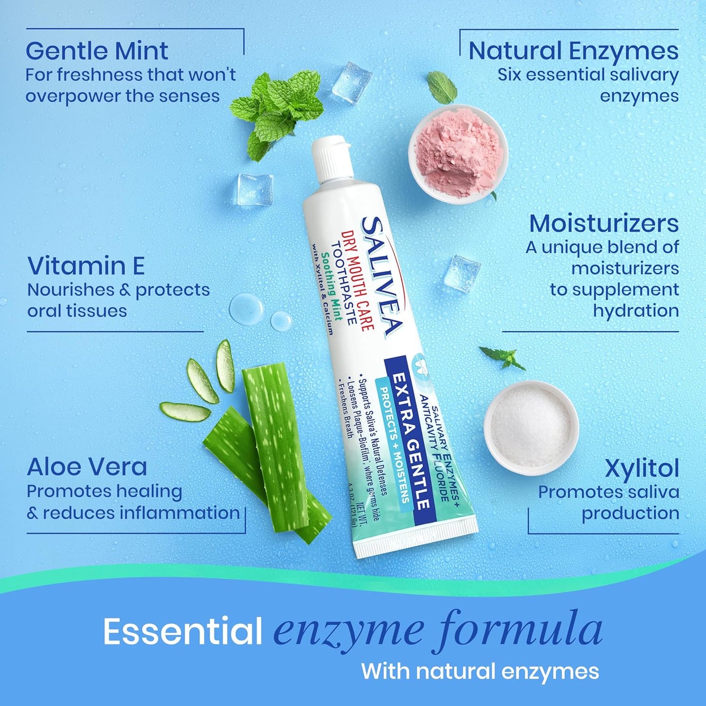 SALIVEA Gentle Toothpaste for Dry Mouth Care, 4.3 oz Tube, 2 Pack, Anticavity with Fluoride, Natural Salivary Enzymes, Vitamin E & Aloe Vera, Cleans, Moisturizes & Refreshes Breath, Soothing Mint