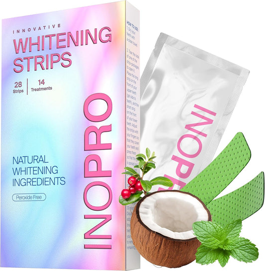 InoPro Teeth Whitening Strips 14 Treatments Kit - Teeth Whitener, Peroxide Free, Green White Strips for Teeth Whitening with Arbutin, Coconut Oil, Deep Stains Removal (28 Strips)