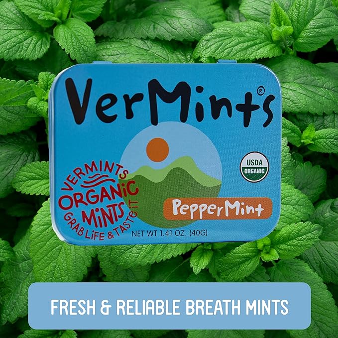 VerMints Organic Breath Mints PepperMint Candy Mints for Real Long-Lasting Flavor, Travel Size Tin - Non-GMO, Nut Free, Gluten Free, Vegan, Kosher Peppermints - 1.41oz Tins (Pack of 6)