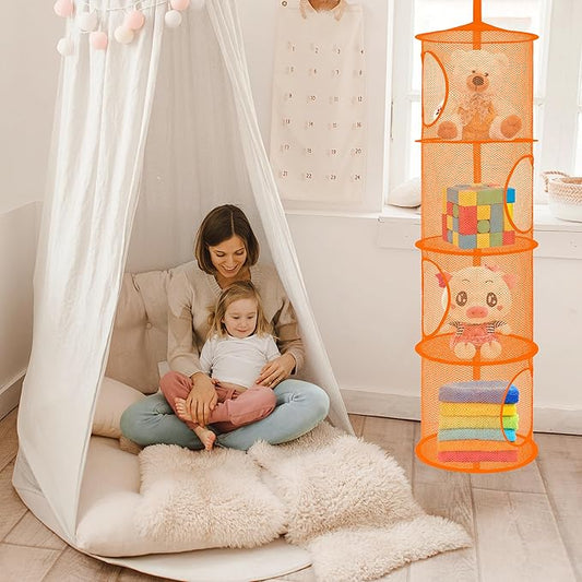 Libeder Mesh Hanging Storage Space Saver Bags Organizer,Foldable Storage Organizer 4 Compartments Toy Storage Basket for Kids Room Bathroom 2 Sets Orange