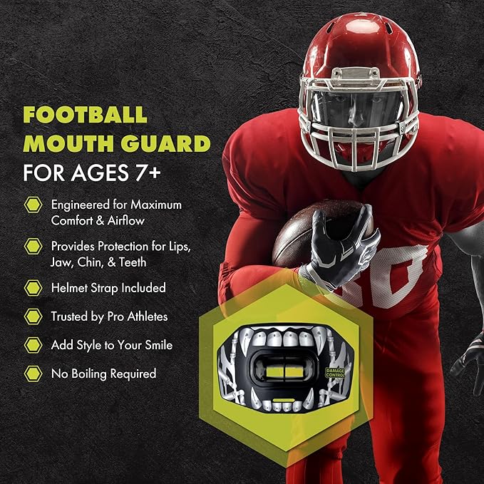 DAMAGE CONTROL Youth Football Mouth Guard – Breathable No Boil Mouthpiece, Protects Lips & Teeth, Works with Braces, Includes Helmet Strap – Sports Gear & Accessories (Terror Bite)