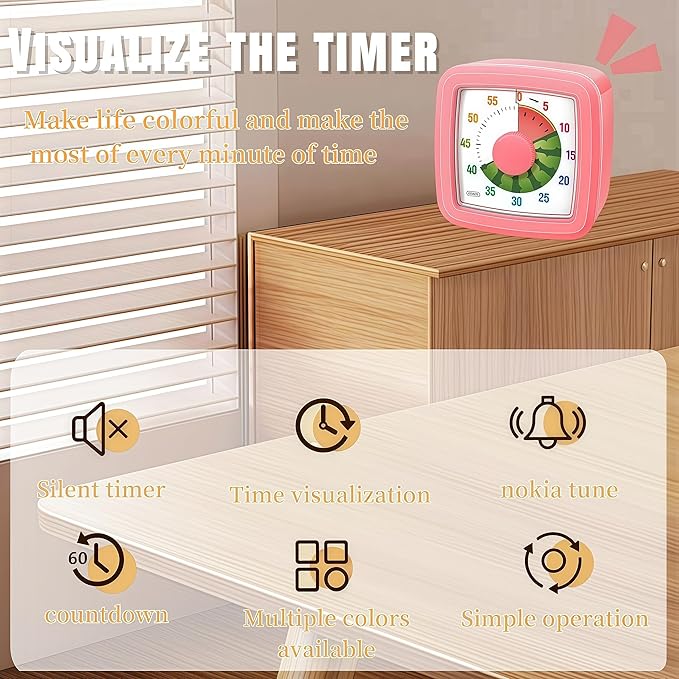 Kids Visual Timer for Kitchen,Classroom,Cooking,Learning,Bedroom,Office, 60-Minute Countdown Pomodoro Timer for Kids with Autism ADHD (Watermelon Style)