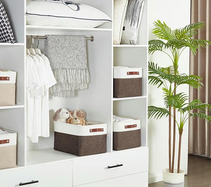 DECOMOMO Storage Baskets for Shelves - Fabric Storage Bins, Linen Closet Organizers and Storage (Brown & White, Large - 4 Pack)