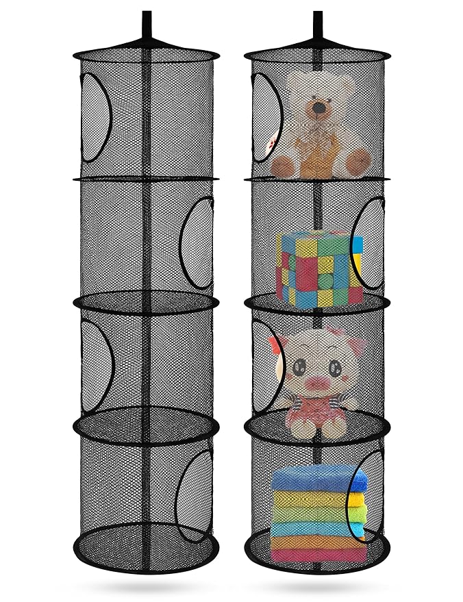 Libeder Mesh Hanging Storage Space Saver Bags Organizer,Foldable Storage Organizer 4 Compartments Toy Storage Basket for Kids Room Bathroom 2 Sets, Black