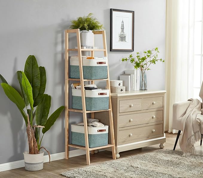 DECOMOMO Storage Baskets for Shelves - Fabric Storage Bins, Linen Closet Organizers and Storage (Green & White, XL - 3 Pack)