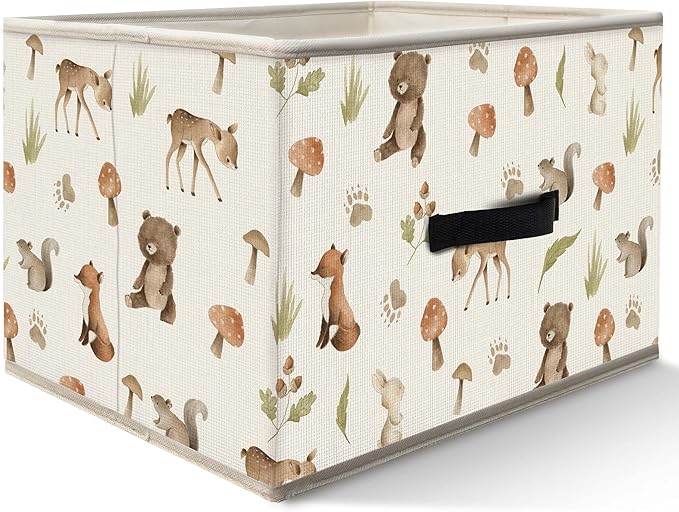 Nogrit Woodland Nursery Storage Bins Box, Toybox for Boys Girls, Forest Animal Mushroom Foldable Baskets Organizer Container with Handles for Bedroom Bathroom Kids Nursery Clothes Toys Books
