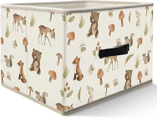 Nogrit Woodland Nursery Storage Bins Box, Toybox for Boys Girls, Forest Animal Mushroom Foldable Baskets Organizer Container with Handles for Bedroom Bathroom Kids Nursery Clothes Toys Books