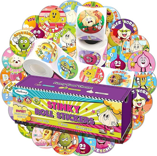 3 Rolls Smelly Stickers for Kids 600 PCS, 24 Designs Onion/Durian/Garlic with Funny Scents, Scratch and Sniff Prank Toys Increase Interaction with Friends, Interesting Reward Stickers for Classroom