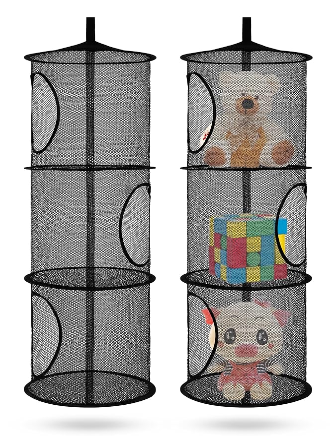 Libeder Mesh Hanging Storage Space Saver Bags Organizer,Foldable Storage Organizer 3 Compartments Toy Storage Basket for Kids Room Bathroom 2 Sets, Black