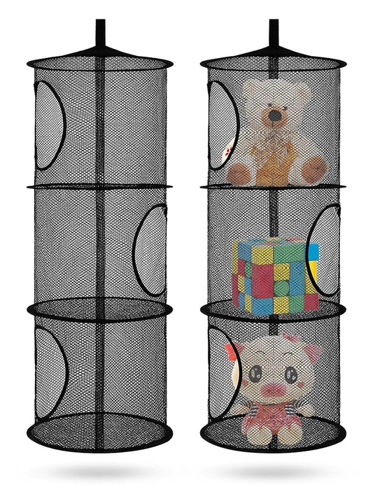 Libeder Mesh Hanging Storage Space Saver Bags Organizer,Foldable Storage Organizer 3 Compartments Toy Storage Basket for Kids Room Bathroom 2 Sets, Black