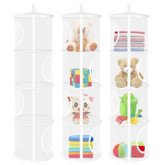 Libeder Mesh Hanging Storage Space Saver Bags Organizer,Foldable Storage Organizer 4 Compartments Toy Storage Basket for Kids Room Bathroom 3 Sets, White