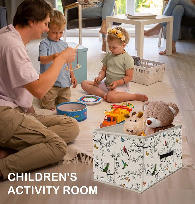 Nogrit Nature Bird Butterfly Storage Bins Box, Toybox for Girls, Colorful Branch Birds Foldable Baskets Organizer Container with Handles for Kids Girls Bedroom Bathroom Clothes Toys Books