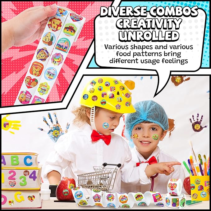 HORIECHALY Smelly Roll Stickers for Kids 4 Rolls, 1200 PCS 4 Scent Scratch and Sniff Stickers Food Theme, Positive Reward for Classroom, Portable Drawer Box for Travel, Car, Airplane