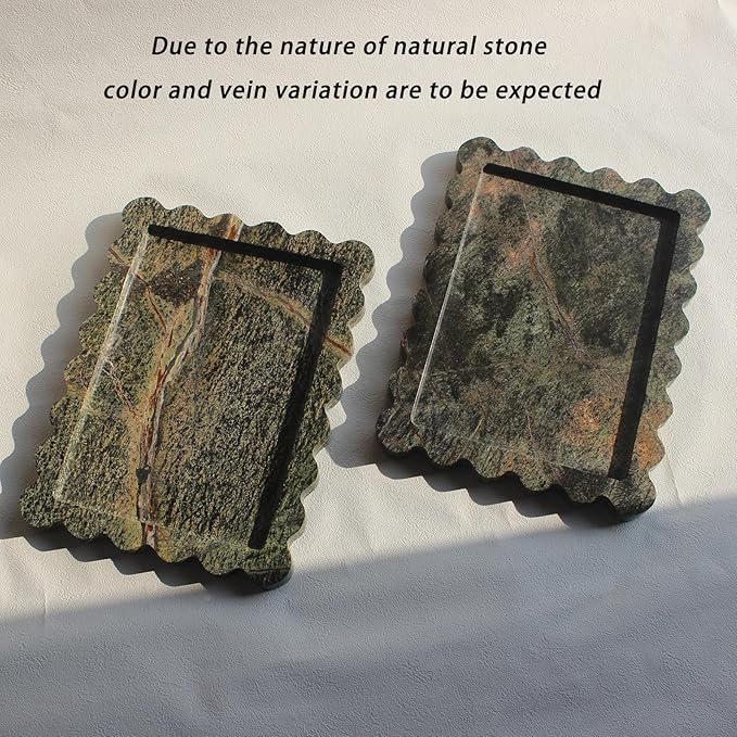 Natural Luxury Scalloped Marble Tray 10.8"x8", Rectangle Vanity Tray for Bathroom Kitchen Counter, Decorative Tray for Dresser Home Decor - Rainforest Green