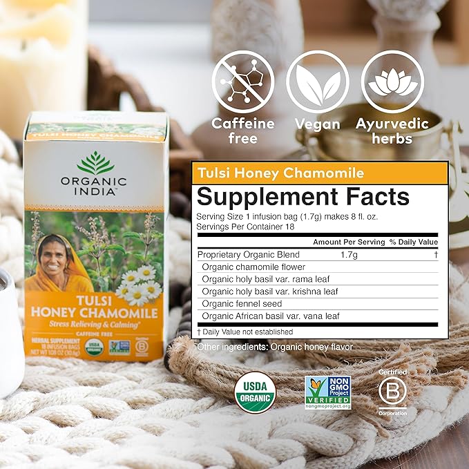Organic India Tulsi Honey Chamomile Tea Bags - Herbal Tea for Stress Relieving & Calming, Immune Support, Adaptogen, Gluten-Free, USDA Certified Organic, Caffeine-Free - 18 Infusion Bags, 6 Pack