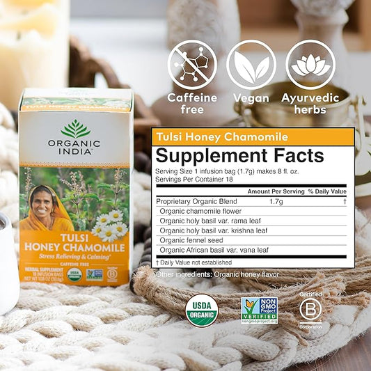 ORGANIC INDIA Tulsi Honey Chamomile Tea Bags - Herbal Tea for Stress Relieving & Calming, USDA Certified Organic, Caffeine Free - 18 Tea Bags, 3 Pack