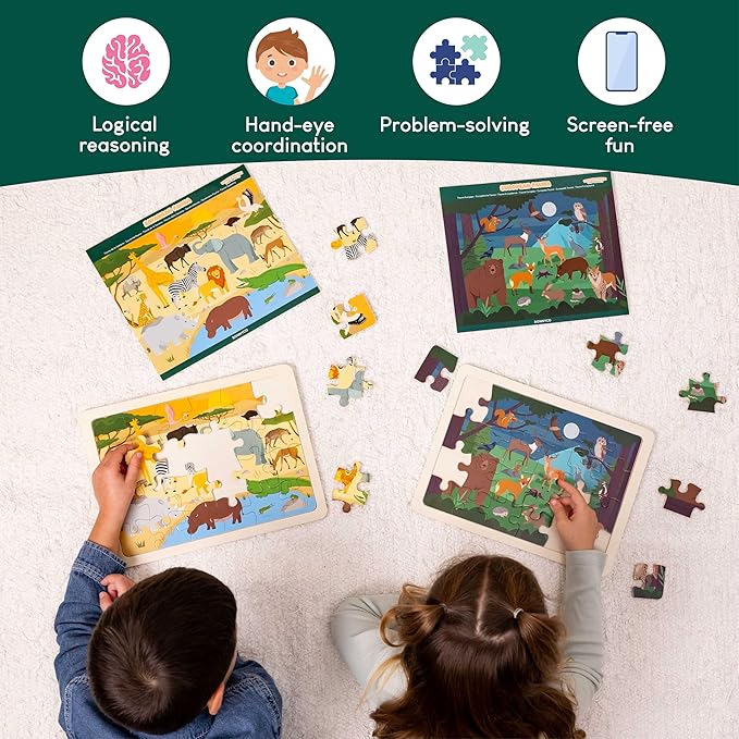 BONNYCO Wooden Puzzles for Kids Ages 4-6 and 3-5. Set of 6 Jigsaw Puzzles 24 Pieces with Board, Animals from Diverse Ecosystems. Educational Toys, Learning Gifts for Boys, Girls