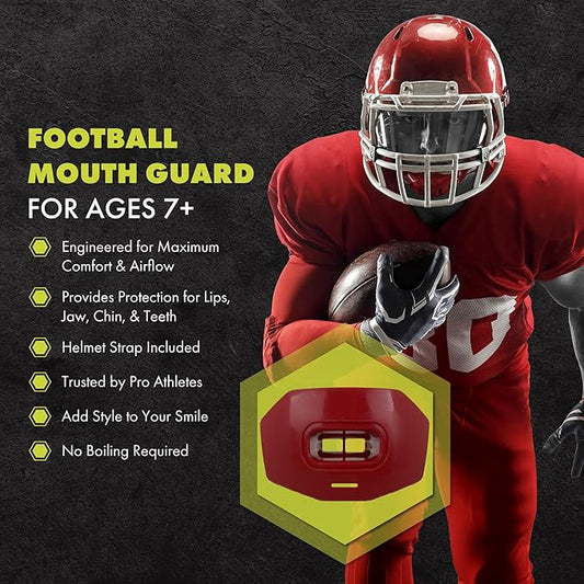 DAMAGE CONTROL Youth Football Mouth Guard – Breathable No Boil Mouthpiece, Protects Lips & Teeth, Works with Braces, Includes Helmet Strap – Sports Gear & Accessories (Red)