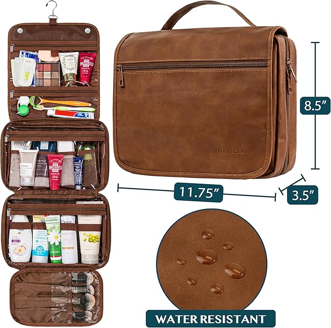 PAVILIA Hanging Toiletry Bag Women Men, Foldable Cosmetic Organizer Travel Bag, Water Resistant Makeup Bag Toiletries, Large Travel Essentials Kit (Brown)