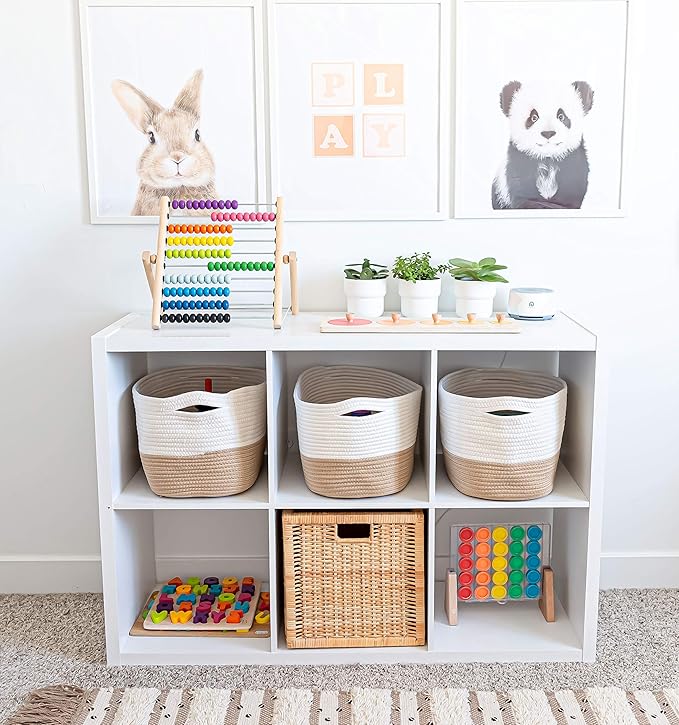 OrganiHaus Woven Storage Baskets for Organizing, Cotton Rope Organizer Bins for Shelves, Closet & Nursery, Dog Toy Basket, Decorative Bins for Toys, Towels & Books - 15x10x9, Honey/Off-White