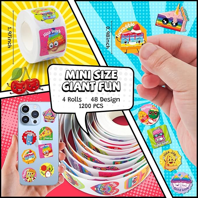 HORIECHALY Smelly Roll Stickers for Kids 4 Rolls, 1200 PCS 4 Scent Scratch and Sniff Stickers Food Theme, Positive Reward for Classroom, Portable Drawer Box for Travel, Car, Airplane