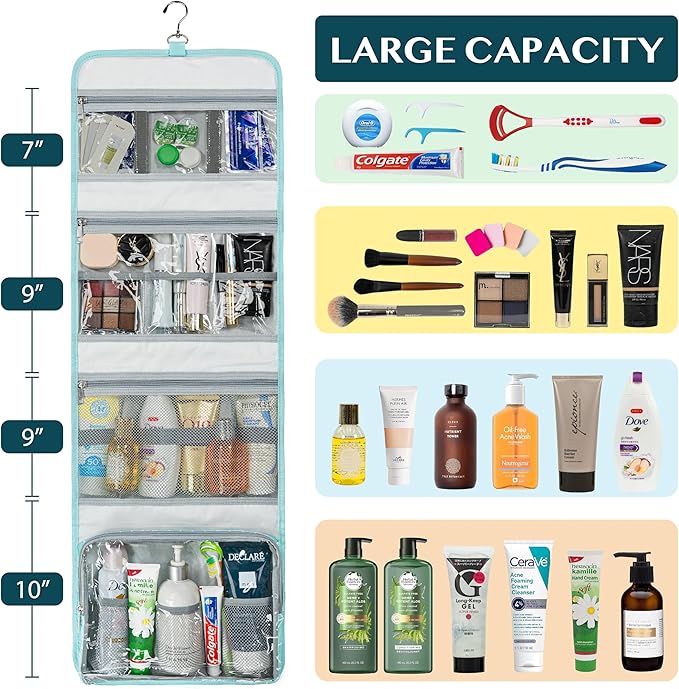 PAVILIA Travel Hanging Toiletry Bag for Women Men, Large Capacity Makeup Bag Kit, Waterproof Cosmetic Storage Organizer Case for Bathroom Shower