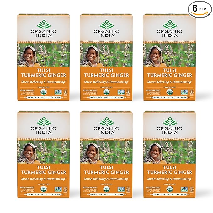 ORGANIC INDIA Tulsi Turmeric Ginger Herbal Tea - Stress Relieving & Harmonizing, Immune Support, Aids Digestion, Vegan, Caffeine-Free - 18 Infusion Bags, 6 Pack