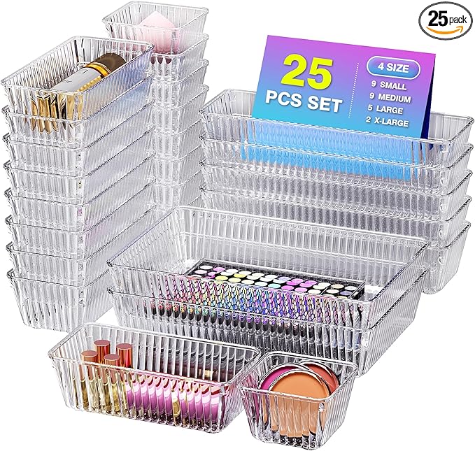 25 PCS Clear Plastic Drawer Organizer Set - 4 Sizes Makeup Organizer Desk Drawer Divider Bathroom Organizers and Storage Bins for Makeup, Jewelry, Gadgets, Office, Kitchen, Bedroom, Bathroom