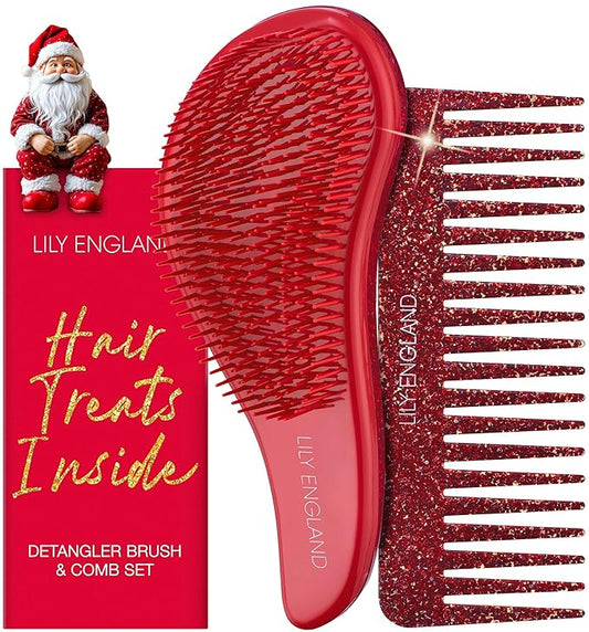 Lily England Detangler Brush & Comb Set - Lightweight Wide Tooth Detangling Tool for Women & Kids - Smooths Curly, Straight, Dry, Fine, & Thick Hair, Red Glitter