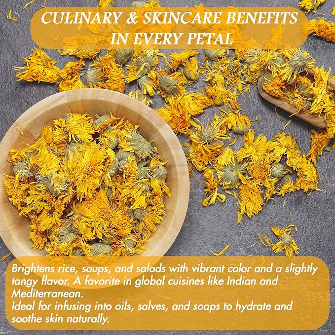 Cure Wid Pure Certified Organic Dried Calendula Flowers | 4 oz Resealable Pack Whole Organic Calendula Flowers for Skincare,DIY Remedies & Herbal Tea | Vibrant Color & Aromatic Dried Marigold Flower
