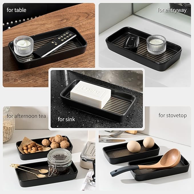 Bathroom Vanity Tray for Countertop,2PC Rectangle Striped Tray,Decorative Bathroom Organizer for Scrubber, Lotion Bottles, Perfume, Jewelry, Candle, Key Trinket Ring(Small,Black)