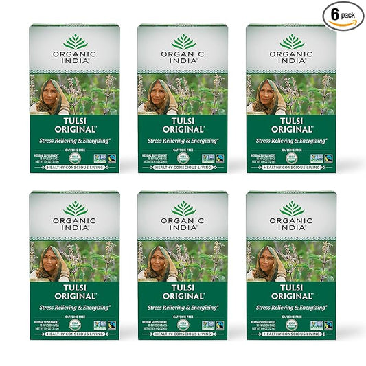ORGANIC INDIA Tulsi Original Herbal Tea - Holy Basil and African Basil Calming and Stress Relief Tea, Immune Support, USDA Certified Organic, Non-GMO, Caffeine-Free - 18 Infusion Bags, 6 Pack