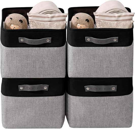 DECOMOMO Storage Baskets for Shelves - Fabric Storage Bins, Linen Closet Organizers and Storage (Grey & Black, Large - 4 Pack)