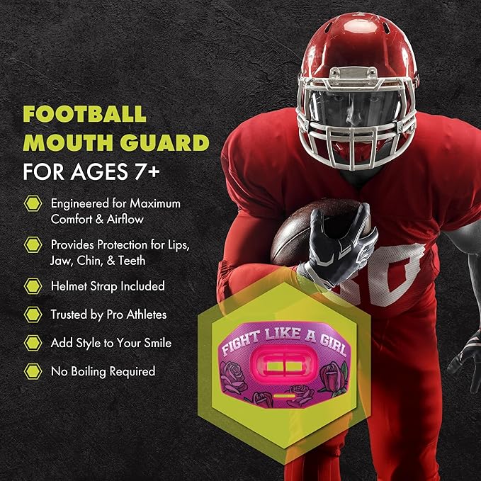 DAMAGE CONTROL Youth Football Mouth Guard – Breathable No Boil Mouthpiece, Protects Lips & Teeth, Works with Braces, Includes Helmet Strap – Sports Gear & Accessories (Fight Like Girl)