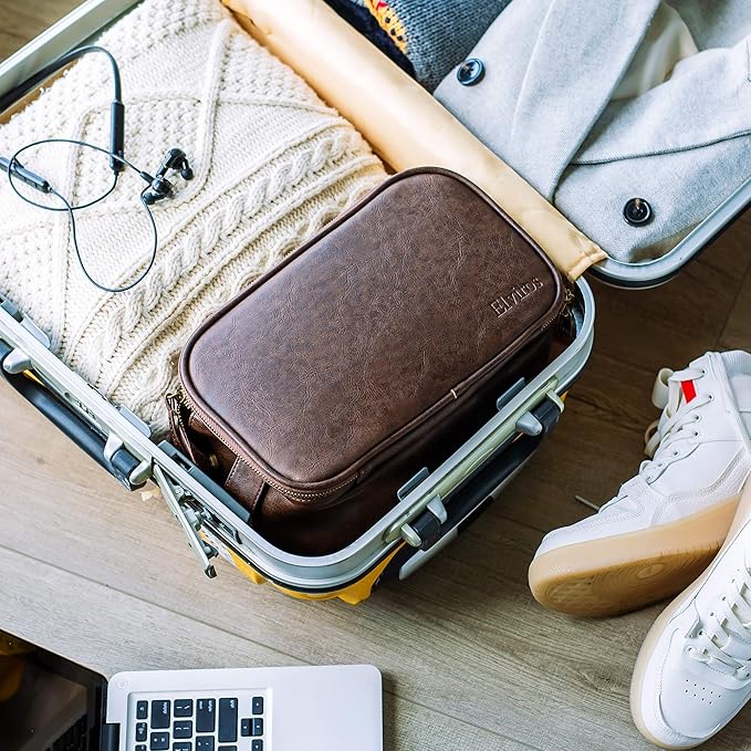 Elviros Toiletry Bag for Men, Large Travel Shaving Dopp Kit Water-resistant Bathroom Toiletries Organizer PU Leather Cosmetic Bags Fathers Day Gift (Medium, Chocolate)