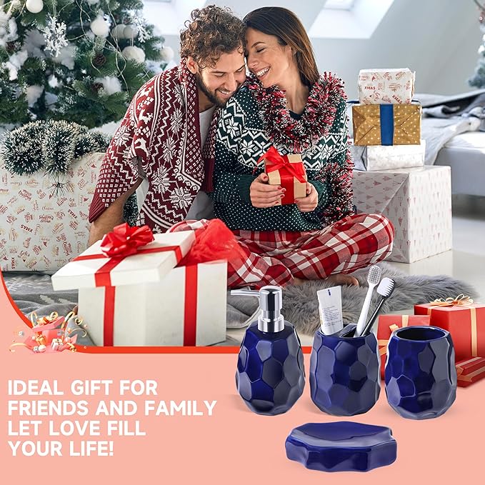 Ceramic Bathroom Accessories Set 4 PCS,Bathroom Toothbrush Holder Set,Soap and Toothbrush Holder Set,Include Toothbrush Holder,Soap Dispenser,Tumbler,Soap Dish,Bathroom Sets Decor Organizer(Navy Blue)