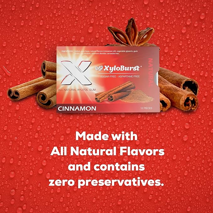XyloBurst Gum | Xylitol Chewing Gum | Sugar Free, Gluten Free, Keto Friendly | Aspartame Free Gum For Oral Health | Cinnamon | 12 Pieces, Pack of 12