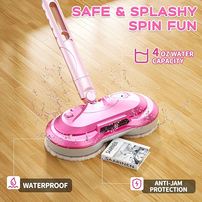 Kids Electric Spin Mop Toy, Rechargeable Cordless Electric Mop W/ Water Sprayer & LED Headlight for Children Ages 3 4 5 6+ Girls & Boys, Cleaning Toy for Pretend Play (Pink)