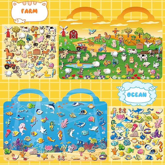 6Set Puffy Sticker Books for Kids 2-4, 3D Reusable Stickers Books for Toddlers 1-3 2-4,Farm+Animal+Dinosaurs+Ocean World+Space+Vehicle
