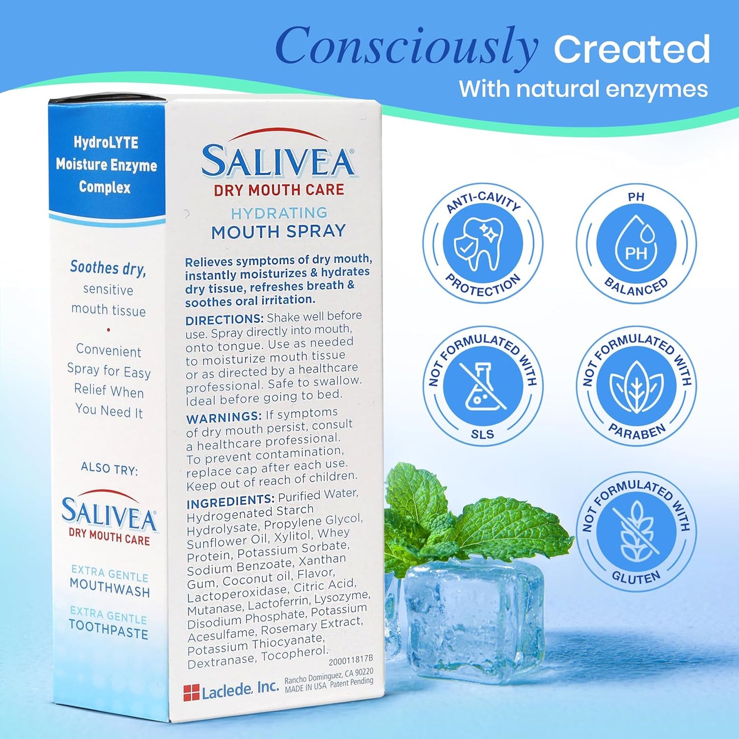SALIVEA Extra Gentle Dry Mouth Spray - Soothing Mint Mouth Spray with Natural Salivary Enzymes - 250 Pumps (2 Pack)
